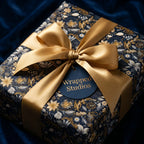 Navy floral wrapping paper with gold ribbon and Wrapped Studios tag.