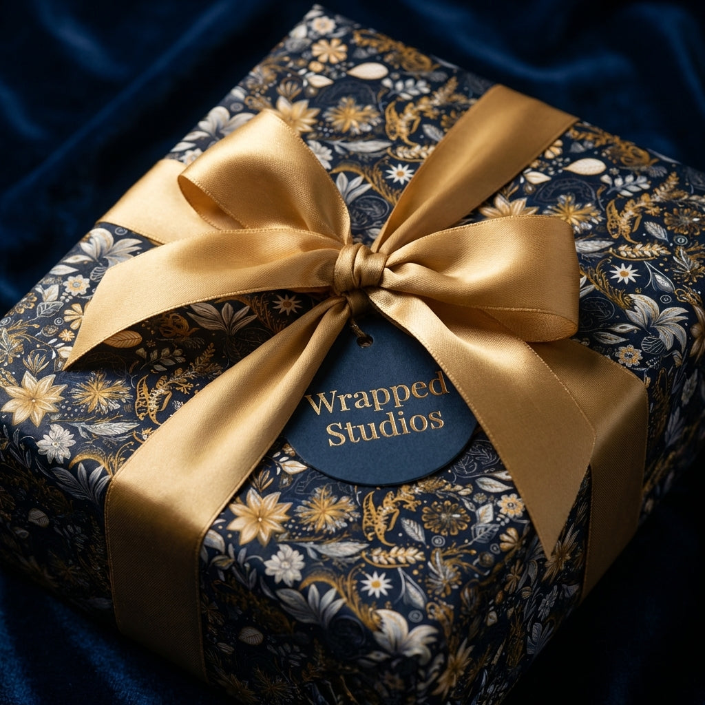Navy floral wrapping paper with gold ribbon and Wrapped Studios tag.