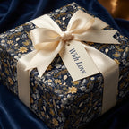 Luxury floral wrapping paper in navy and gold with satin ribbon, "With Love" gift tag.