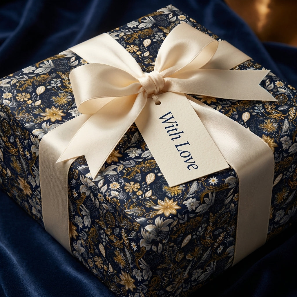 Luxury floral wrapping paper in navy and gold with satin ribbon, "With Love" gift tag.