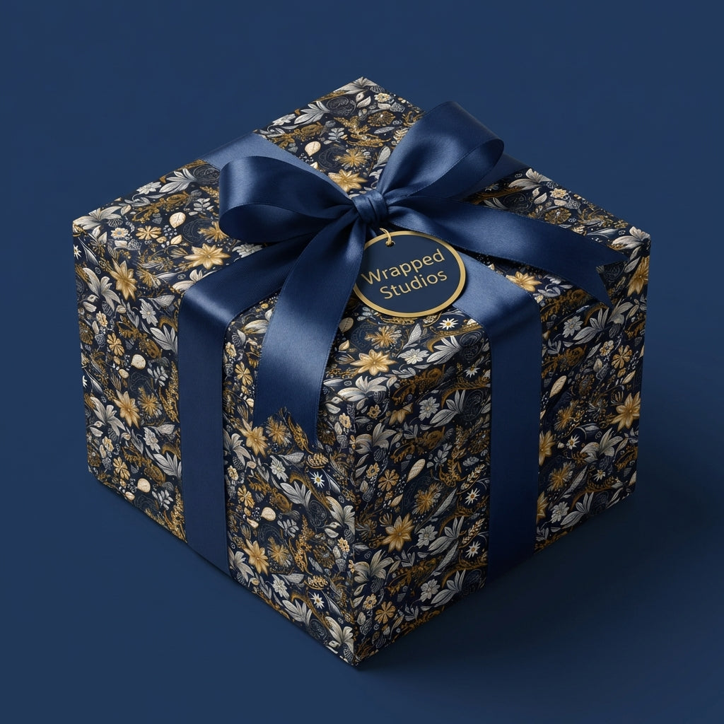 Elegant floral wrapping paper by Wrapped Studios, featuring a navy blue satin ribbon and a gold floral pattern.