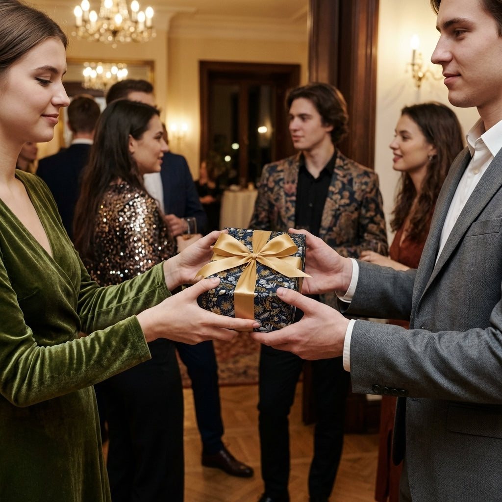 Elegant navy floral wrapping paper with gold ribbon being exchanged at a party.