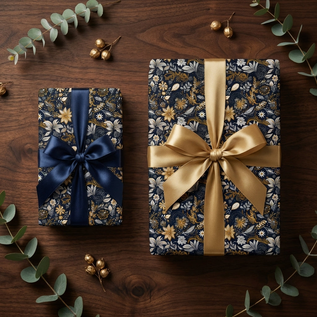 Elegant floral wrapping paper in navy and gold, with satin ribbons.