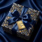 Navy and gold floral gift wrap with satin bow and "For You" tag by Wrapped Studios.