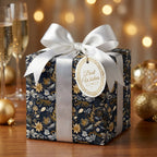 Elegant navy and gold floral wrapping paper with a silver ribbon and a "Best Wishes" tag.