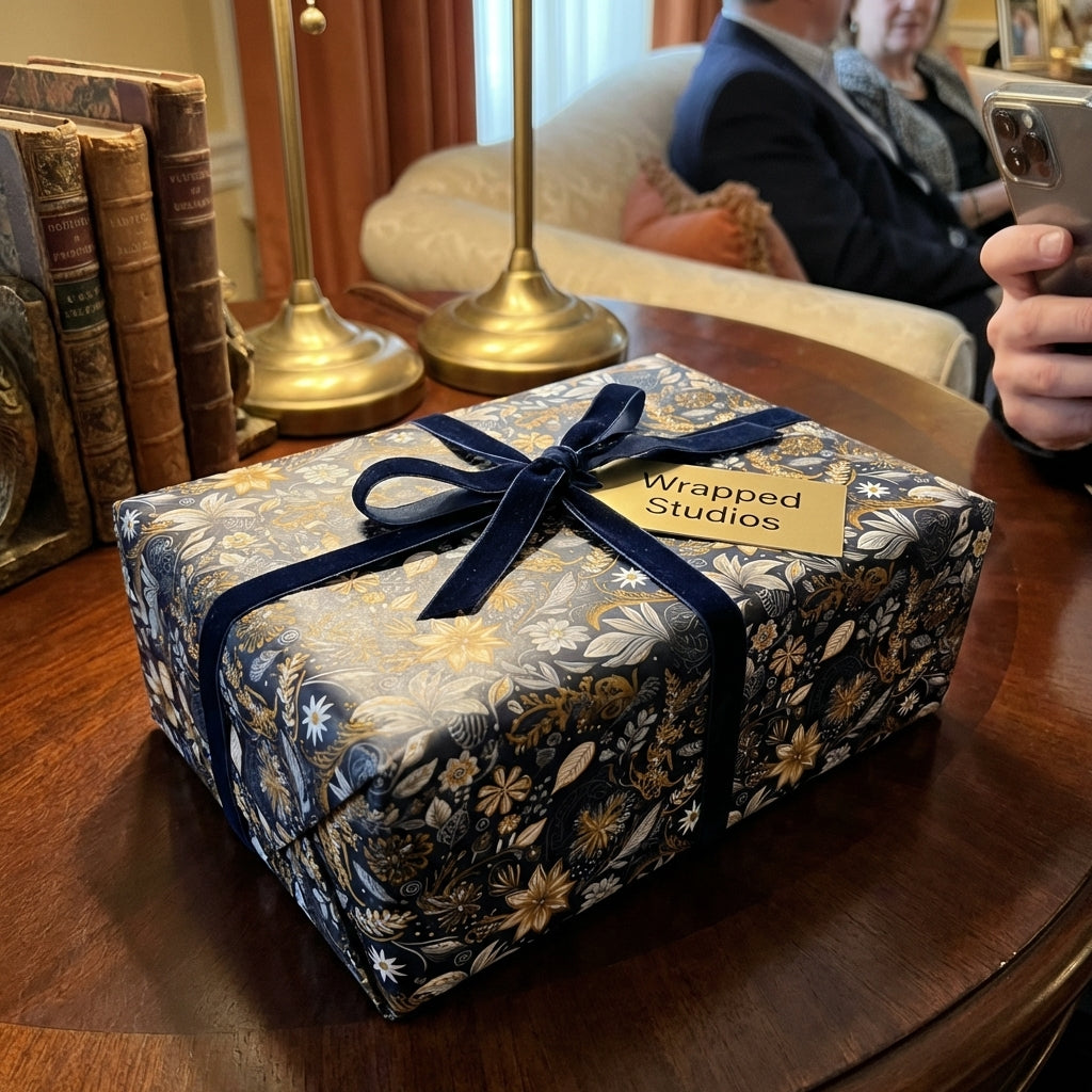 Elegant Wrapped Studios gift in dark floral wrapping paper with a velvet navy ribbon.