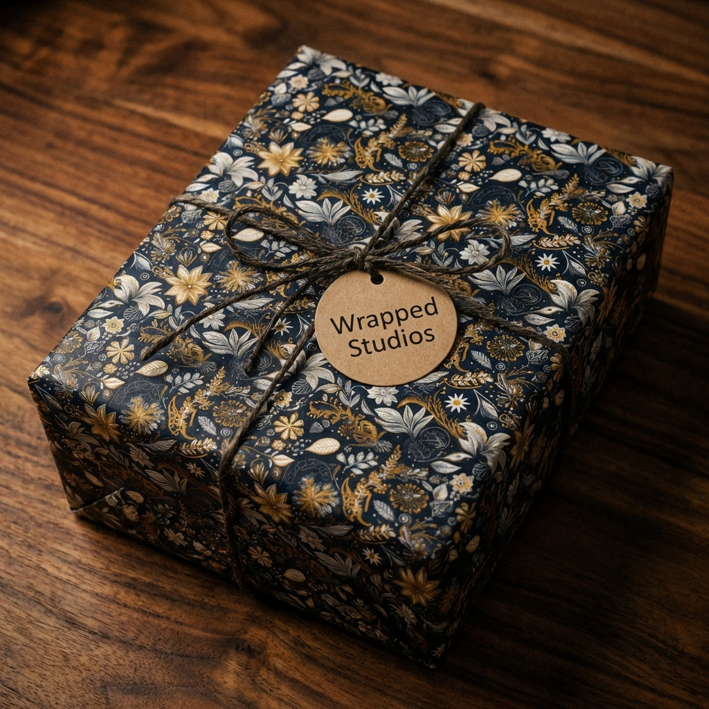 Wrapped Studios: Elegant floral wrapping paper in navy and gold, tied with rustic twine.