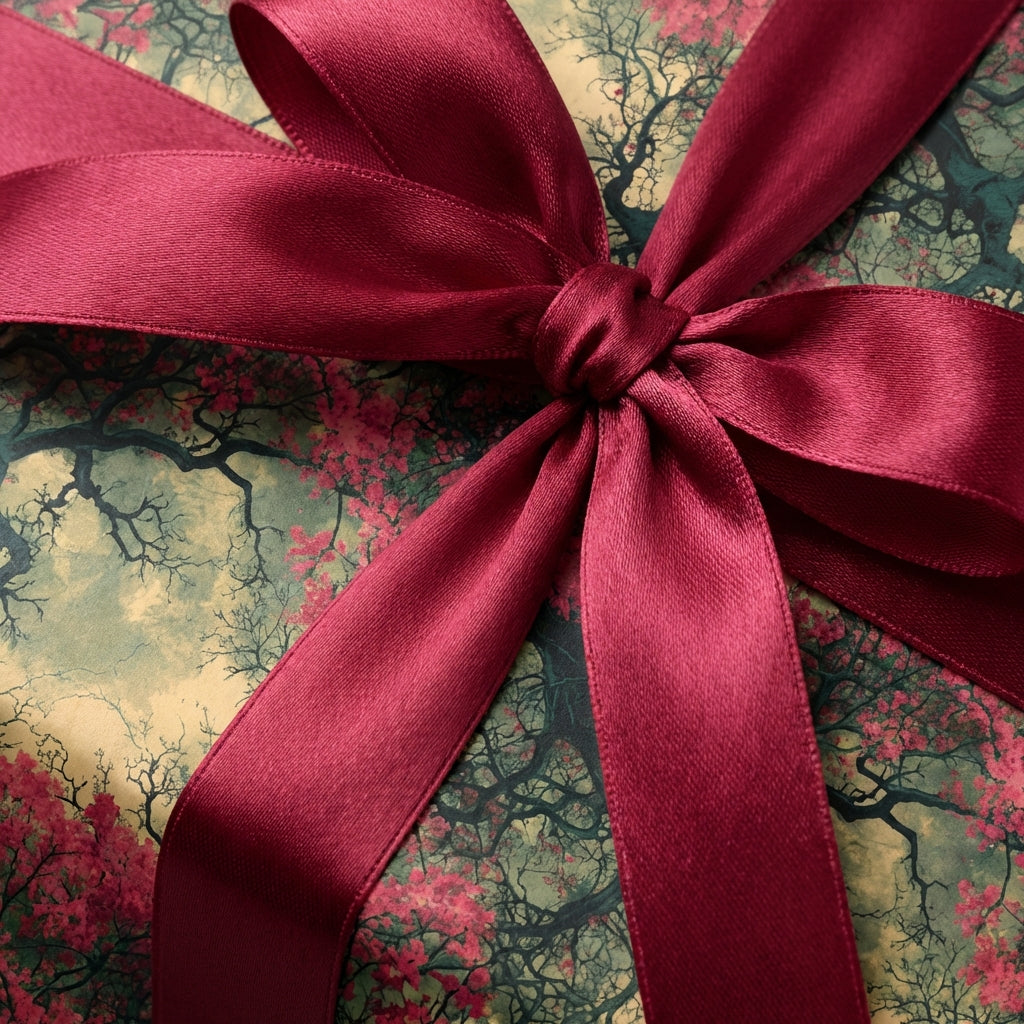 Close-up of a gift wrapped in floral wrapping paper with a burgundy satin bow, perfect for elegant gift giving.