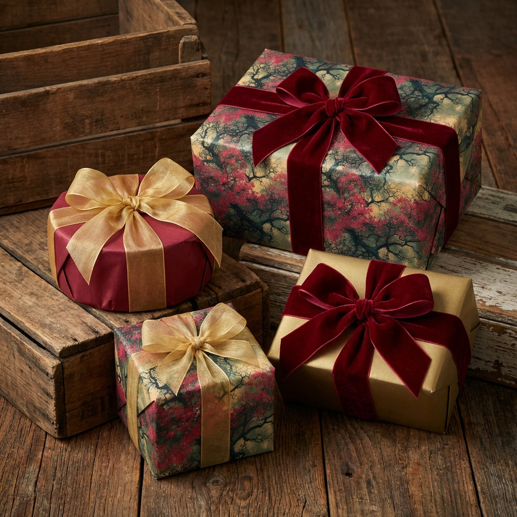 Elegant presents wrapped in floral wrapping paper with velvet and satin ribbon on rustic wood.