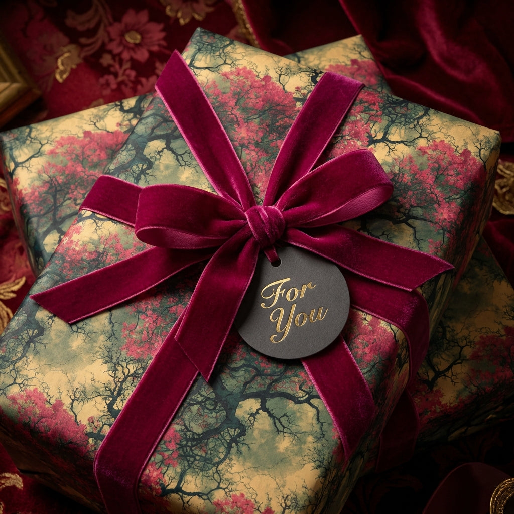Luxury gift wrap with a dark floral wrapping paper, tied with a velvet wine-colored ribbon and a "For You" tag.