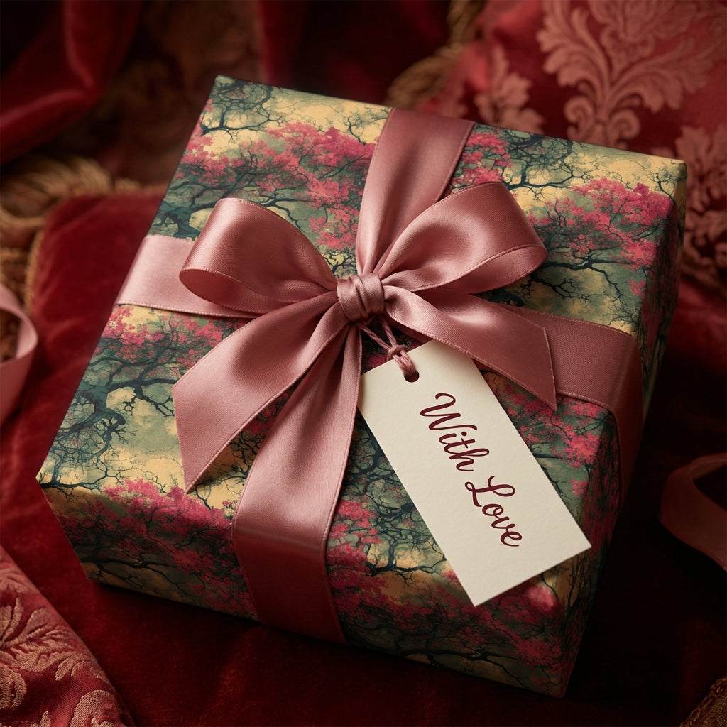 Elegant square gift wrapped in floral wrapping paper with a mauve satin bow and "With Love" tag.