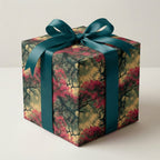 Elegant gift box wrapped in floral wrapping paper with a teal satin ribbon and bow.