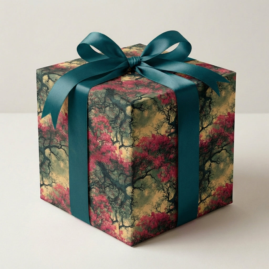 Elegant gift box wrapped in floral wrapping paper with a teal satin ribbon and bow.