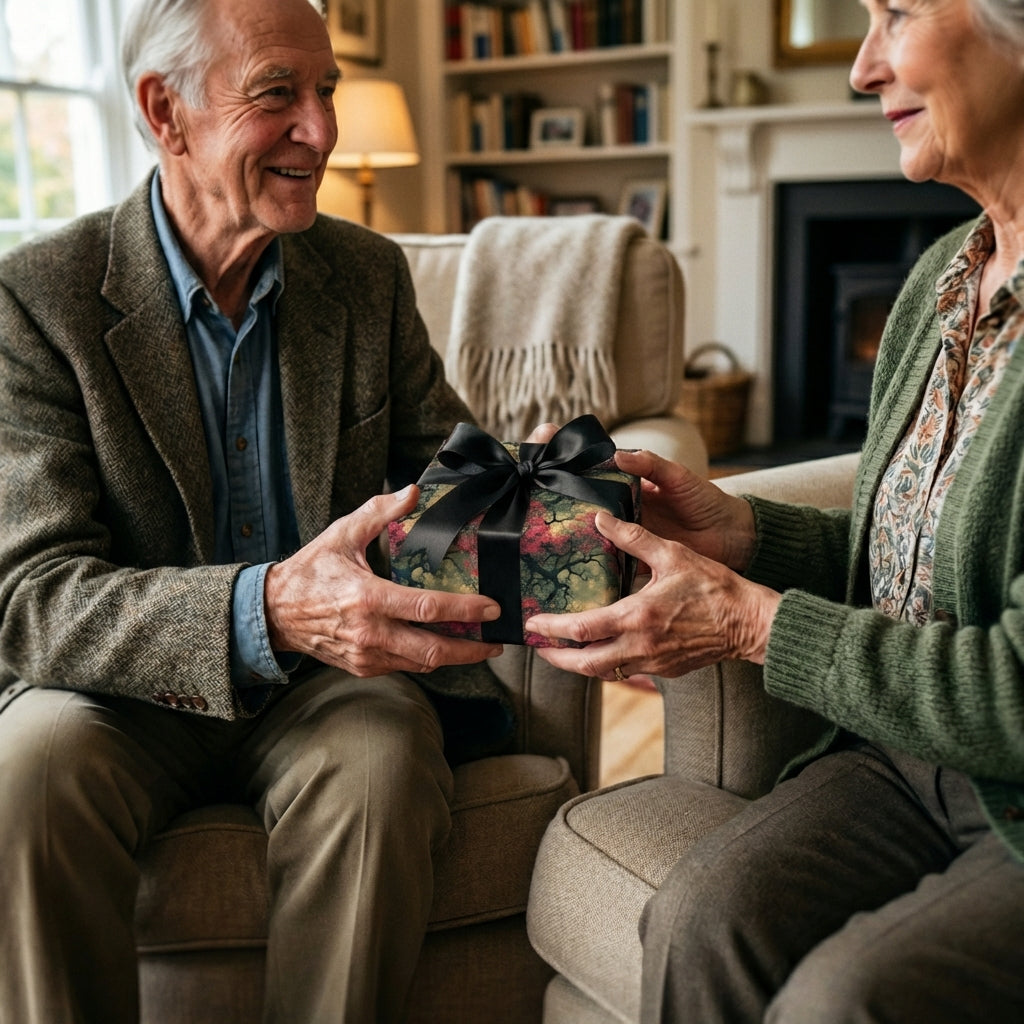 Elderly couple exchanging a gift wrapped in artsy, dark botanical wrapping paper with a black ribbon.