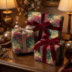 Elegant gifts wrapped in floral tree wrapping paper with velvet ribbon for Christmas or birthday.