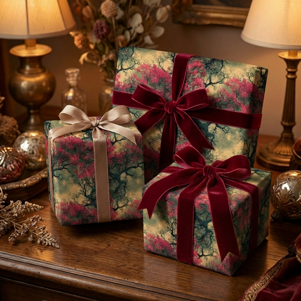 Elegant gifts wrapped in floral tree wrapping paper with velvet ribbon for Christmas or birthday.