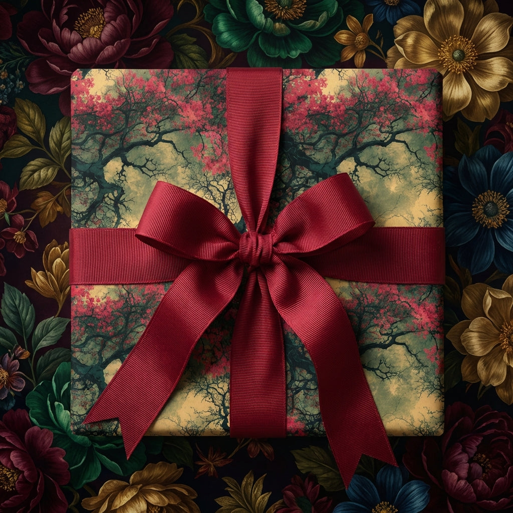 Elegant floral wrapping paper featuring red ribbon, perfect for luxurious Christmas or birthday gifts.
