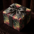 Elegant floral wrapping paper featuring a dark gray ribbon on a square gift box.