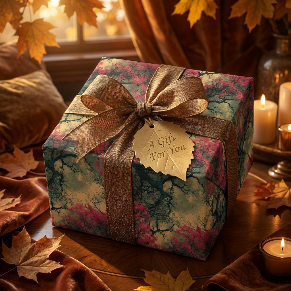 Elegant gift box in floral wrapping paper with gold ribbon and leaf tag.