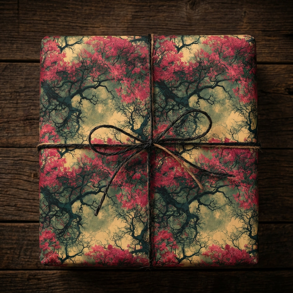 Square gift wrapped in pink floral wrapping paper with twine on rustic wood.