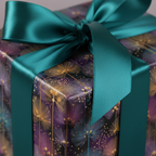 Elegant square gift box in floral wrapping paper with teal ribbon.
