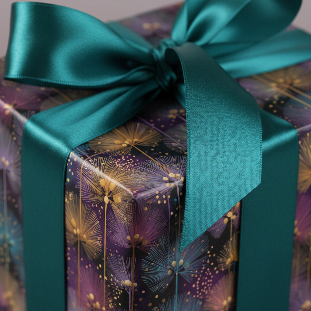 Elegant square gift box in floral wrapping paper with teal ribbon.