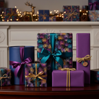 Elegant Christmas gift wrap featuring a modern firework pattern with teal, purple, and gold ribbons.