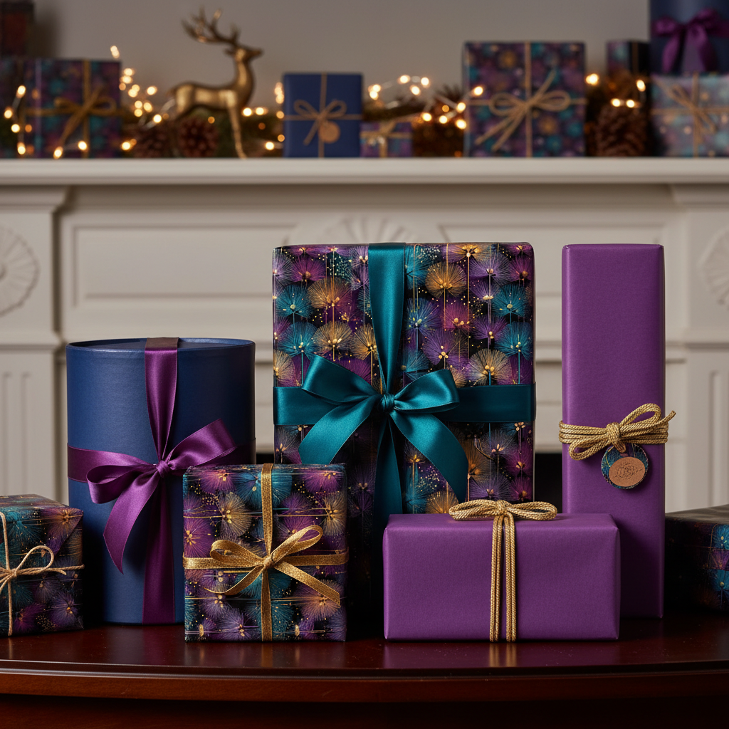 Elegant Christmas gift wrap featuring a modern firework pattern with teal, purple, and gold ribbons.