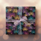 Elegant gift box wrapped in floral wrapping paper with purple, gold, & teal dandelions and a sheer lilac ribbon.
