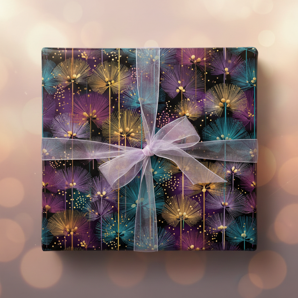 Elegant gift box wrapped in floral wrapping paper with purple, gold, & teal dandelions and a sheer lilac ribbon.