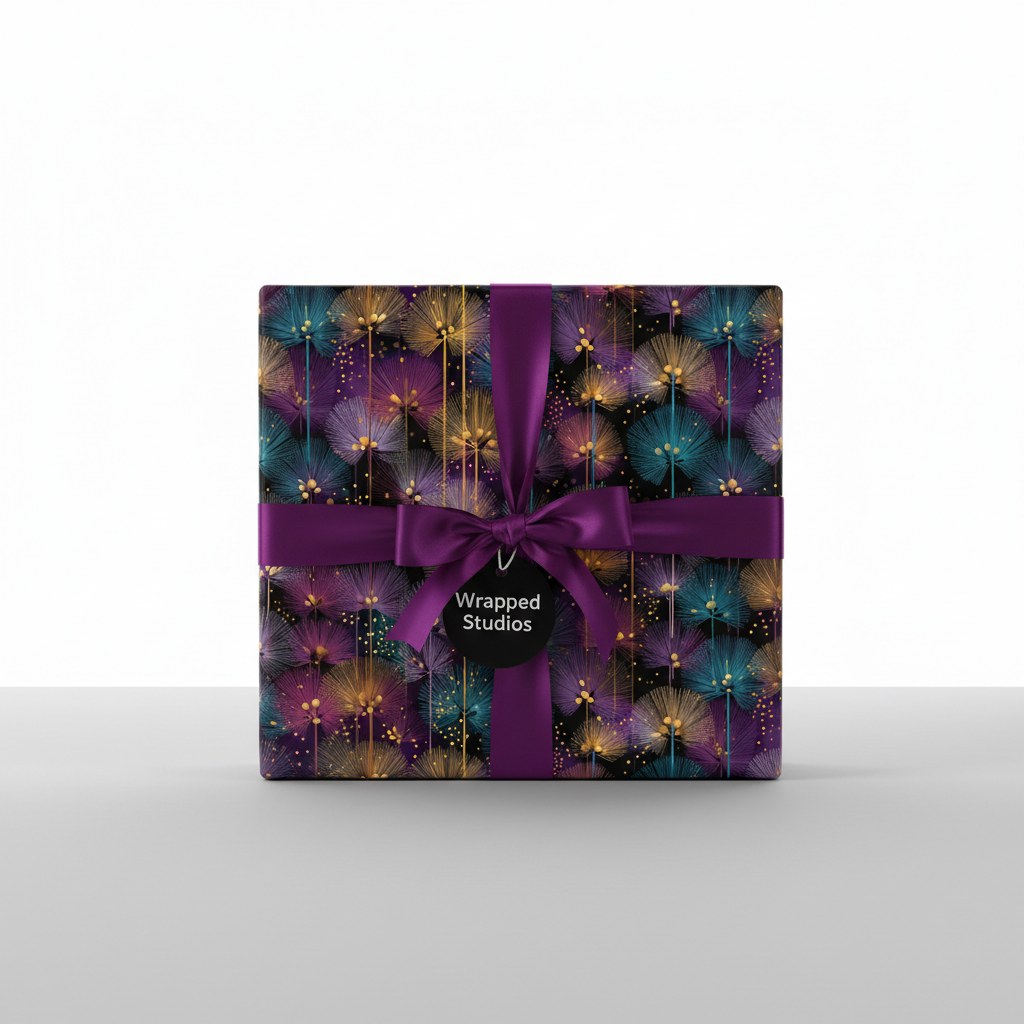 Elegant gift wrapped in floral wrapping paper with a purple ribbon and bow.