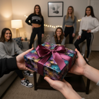 Hands exchange a gift wrapped in colorful, festive wrapping paper with a plum ribbon.