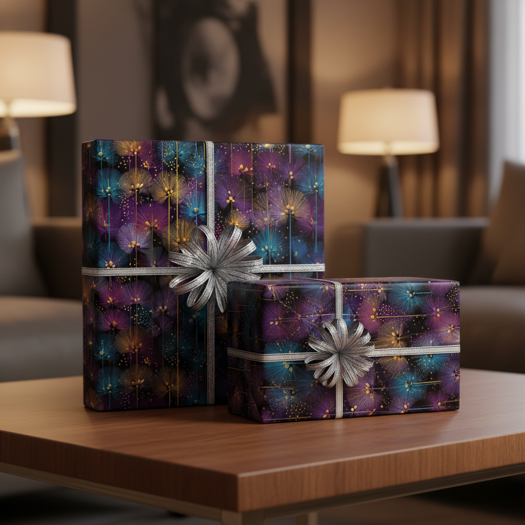 Two presents wrapped in elegant floral wrapping paper with silver ribbon and bows.