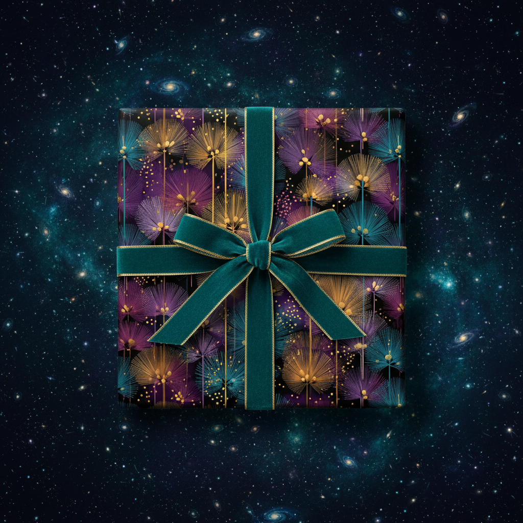 Elegant luxury gift wrap with gold, teal, and purple floral-burst pattern and green velvet ribbon on a galaxy backdrop.