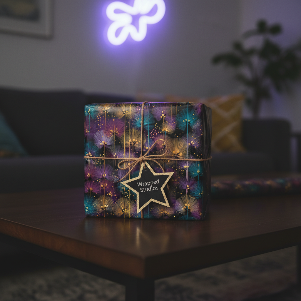 Modern floral wrapping paper in teal, gold and purple, tied with twine on a gift box, with a star tag.