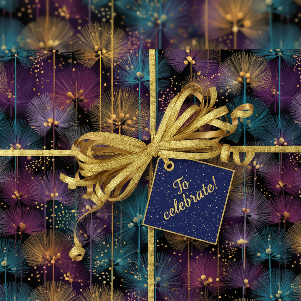 Gift box in floral wrapping paper with a gold ribbon bow and "To celebrate!" tag.