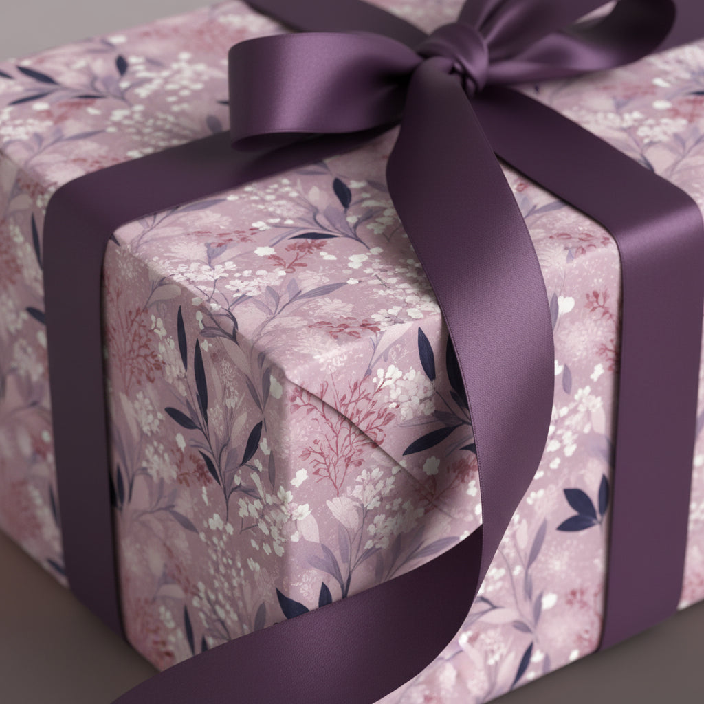 Close-up of a gift wrapped in elegant floral wrapping paper with a purple ribbon and bow.