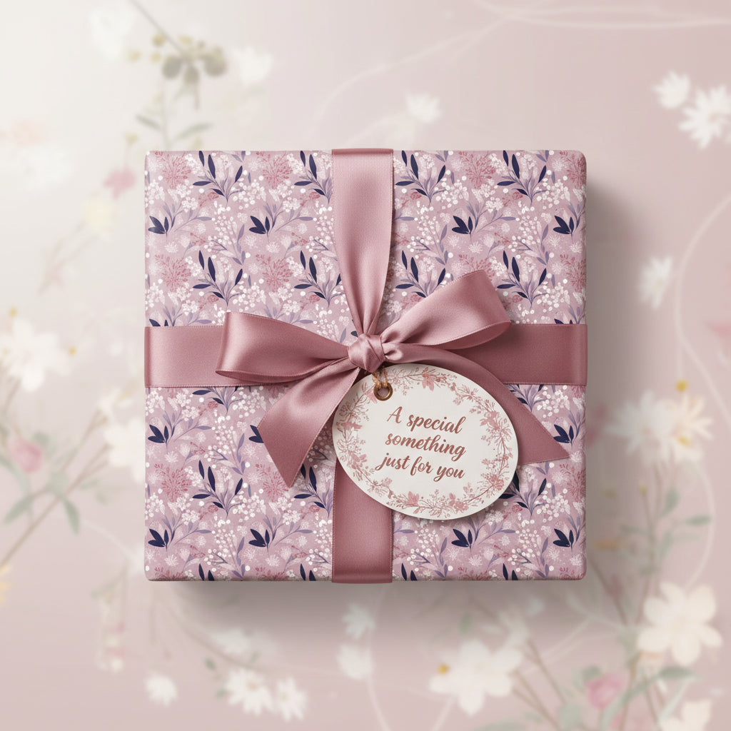 Elegant gift wrapped in pink floral wrapping paper with satin ribbon and "A special something just for you" tag.