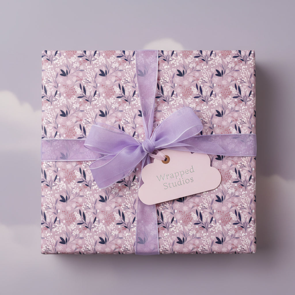 Elegant floral wrapping paper in lavender and purple, tied with a sheer ribbon and gift tag.