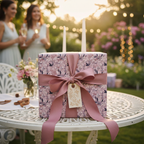 Elegant gift with floral wrapping paper and a mauve satin ribbon on a garden table.