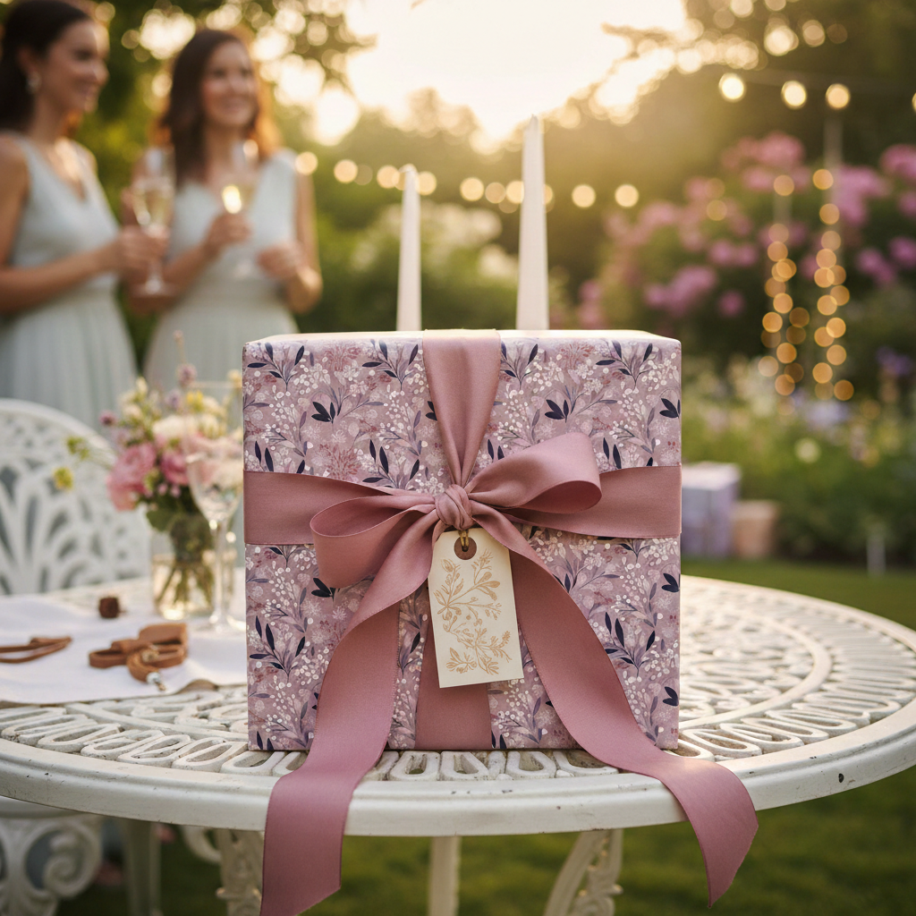 Elegant gift with floral wrapping paper and a mauve satin ribbon on a garden table.