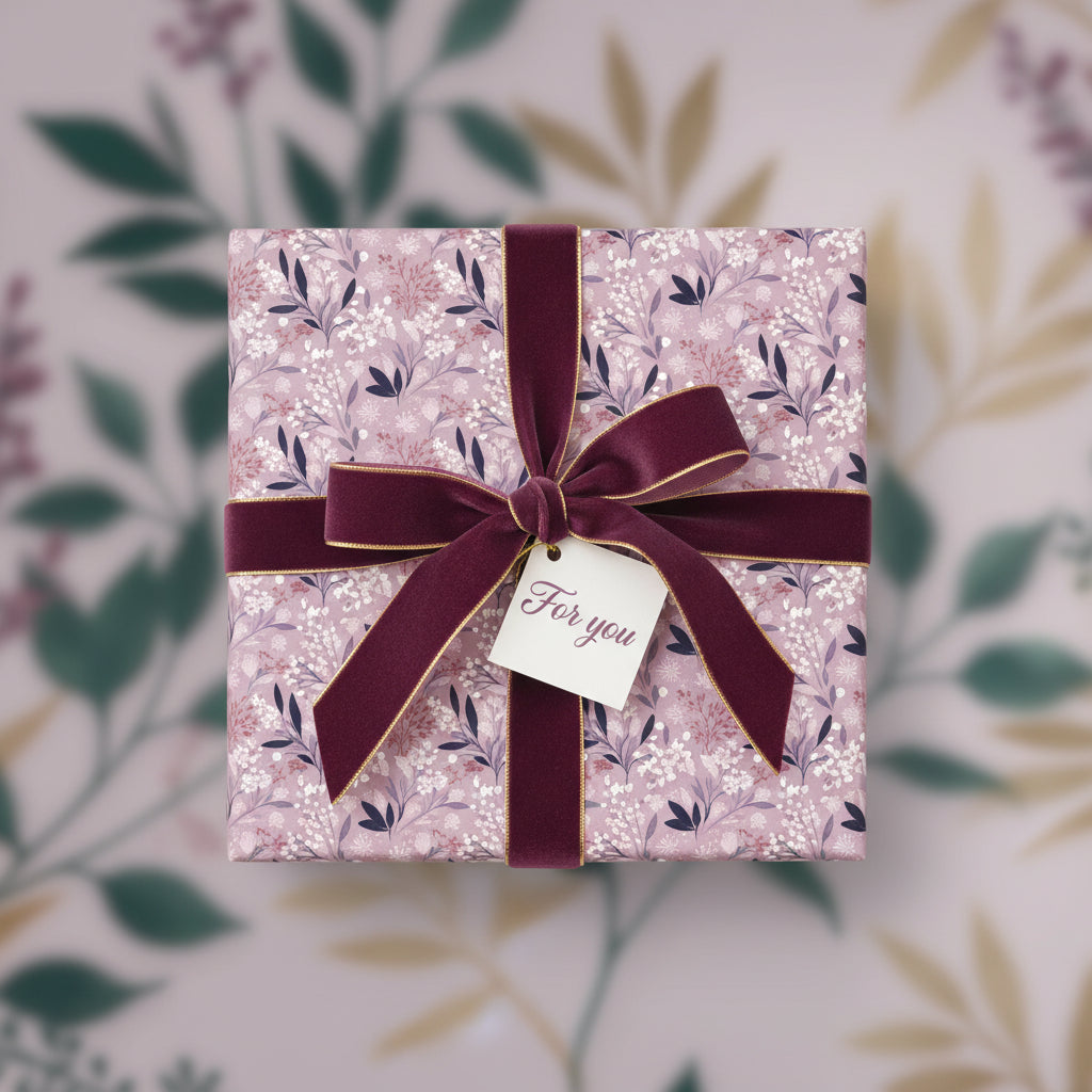 Elegant square gift wrapped in floral wrapping paper with burgundy velvet ribbon and "For You" tag.