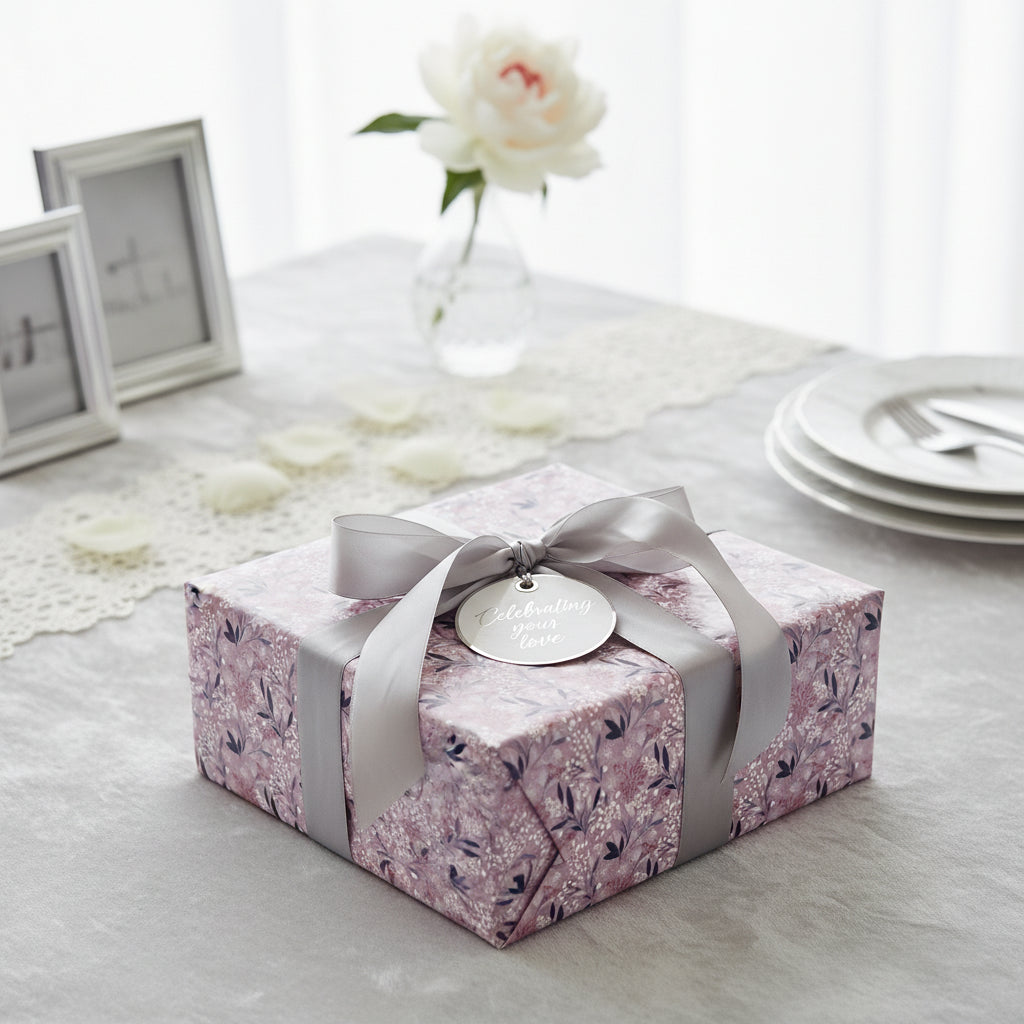 Elegant gift wrapped in mauve floral wrapping paper with a gray satin ribbon and "Celebrating your love" tag.