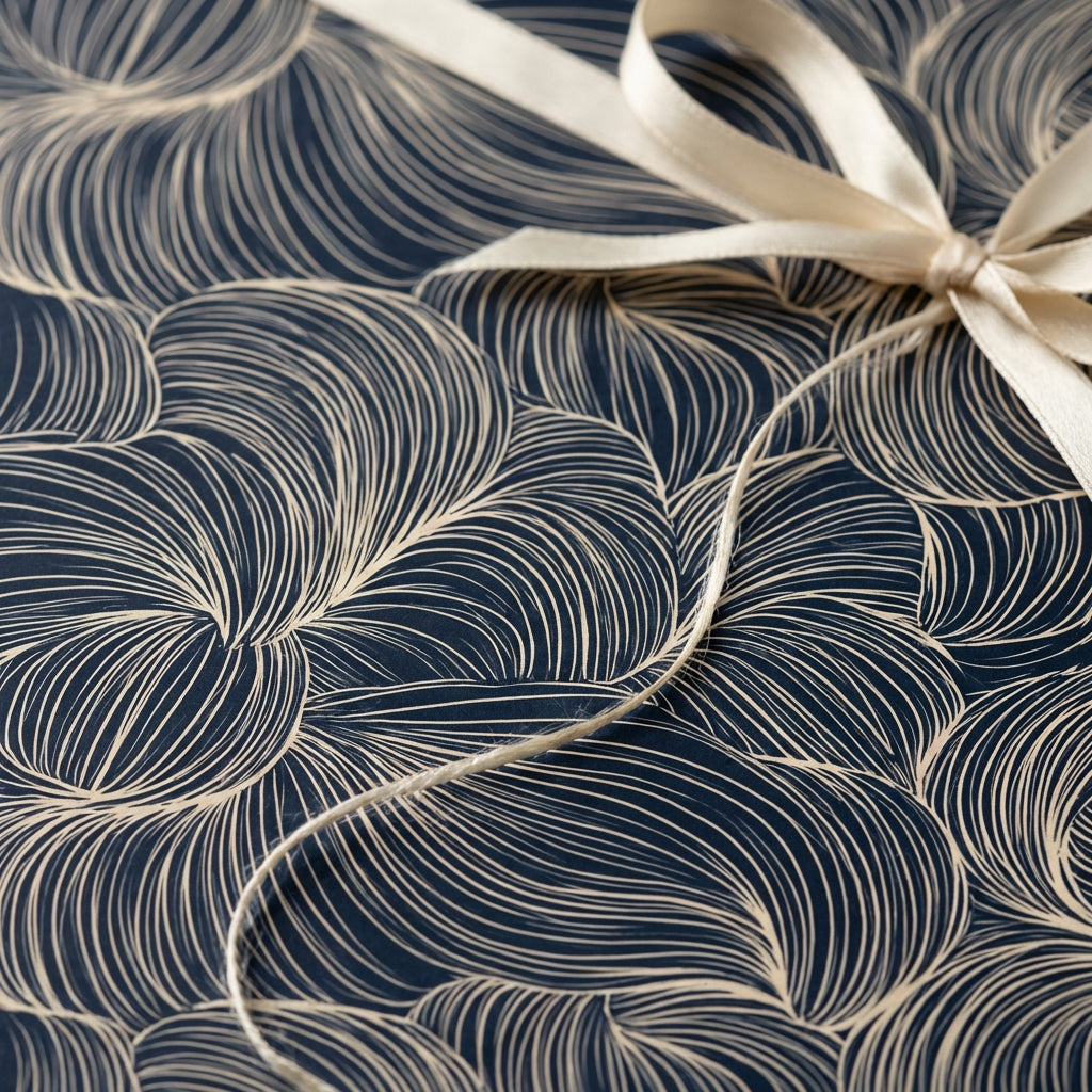 Elegant Wrapped Studios gift with modern wave pattern wrapping paper and a cream ribbon.