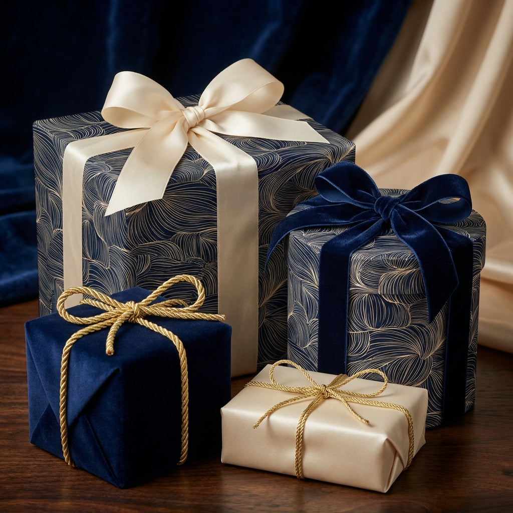 Elegant gifts wrapped in navy and gold line art wrapping paper with velvet and satin bows.