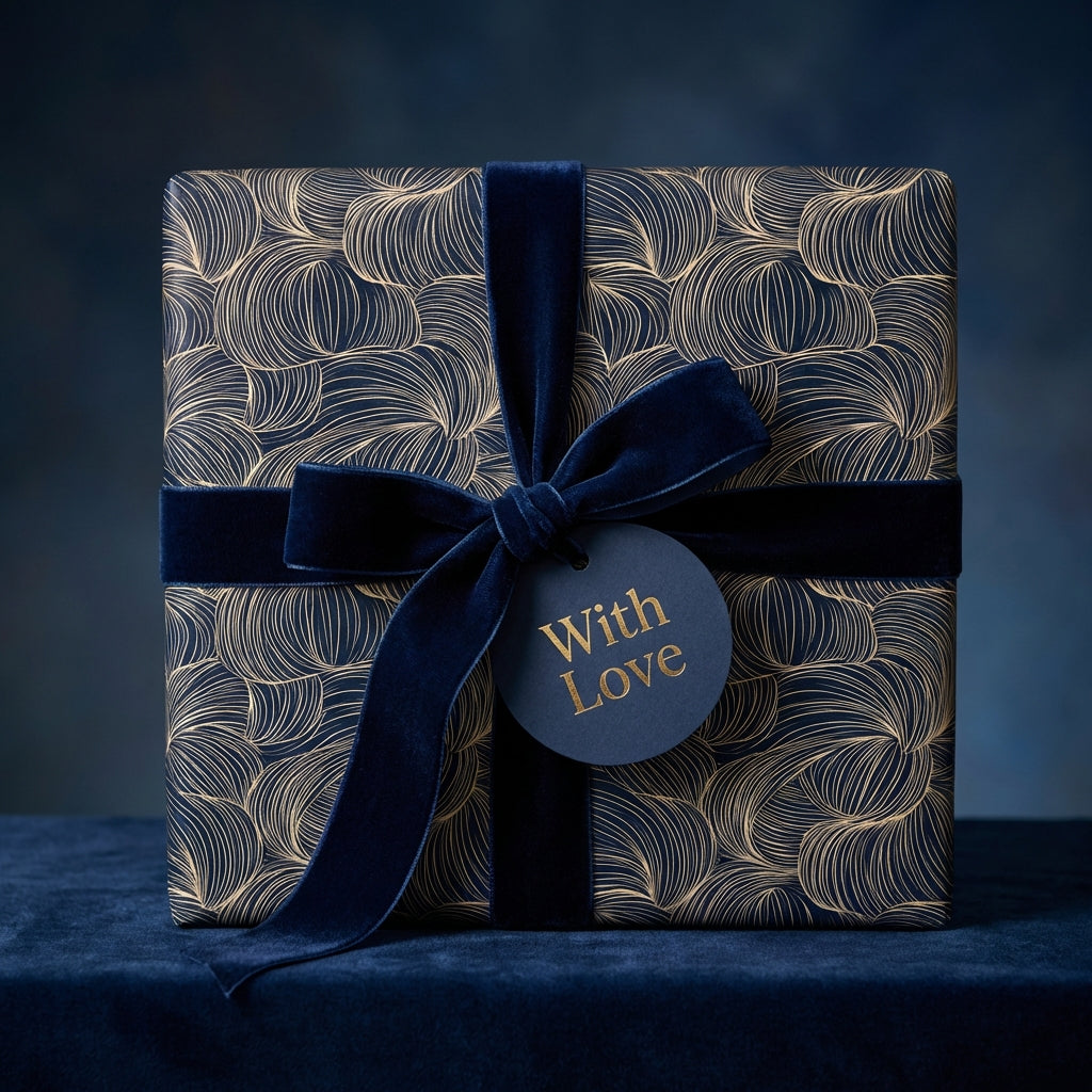 Luxury gift wrap with gold swirl pattern, dark blue velvet ribbon, and "With Love" tag. Wrapped Studios.