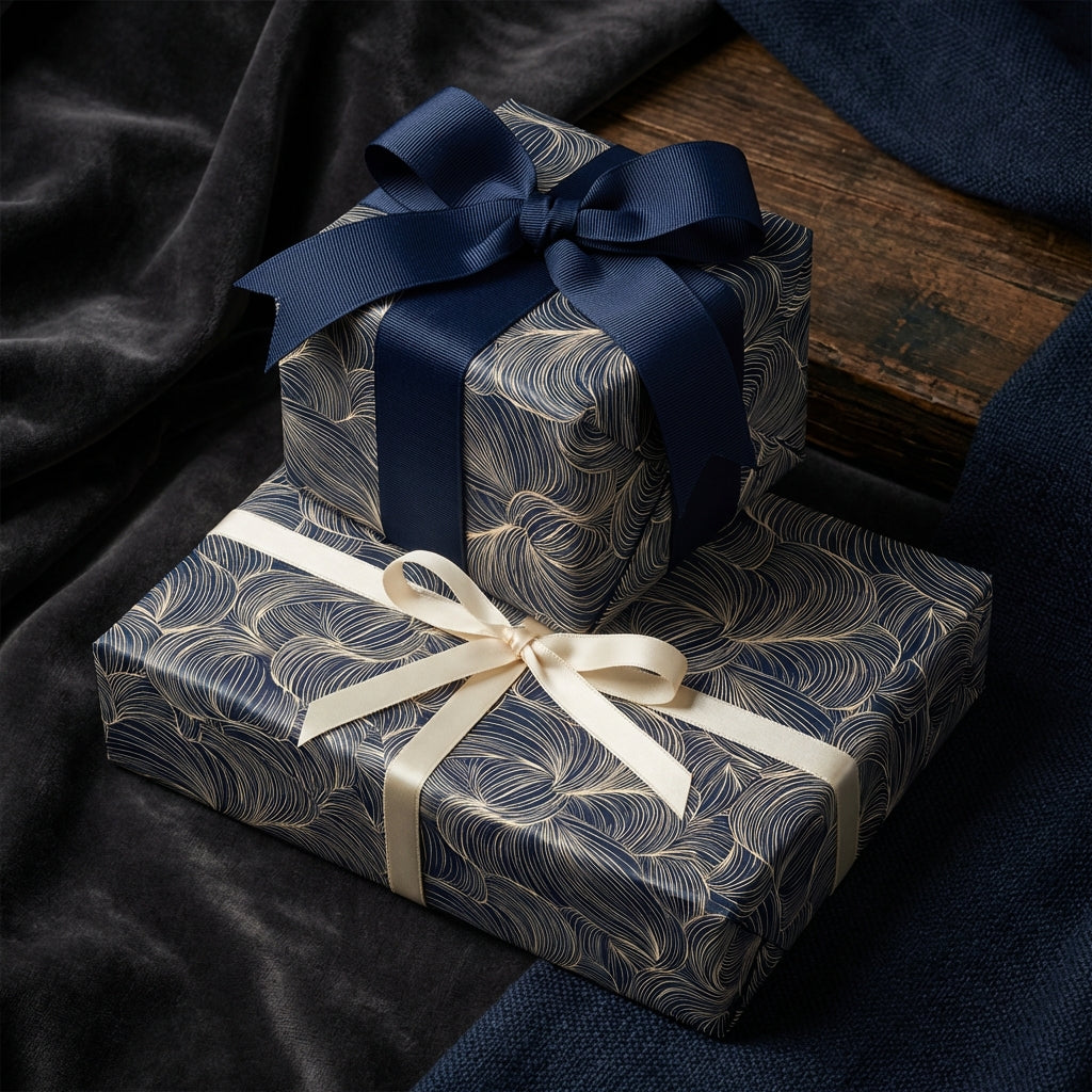 Elegant navy and gold wrapping paper with ribbon bows.