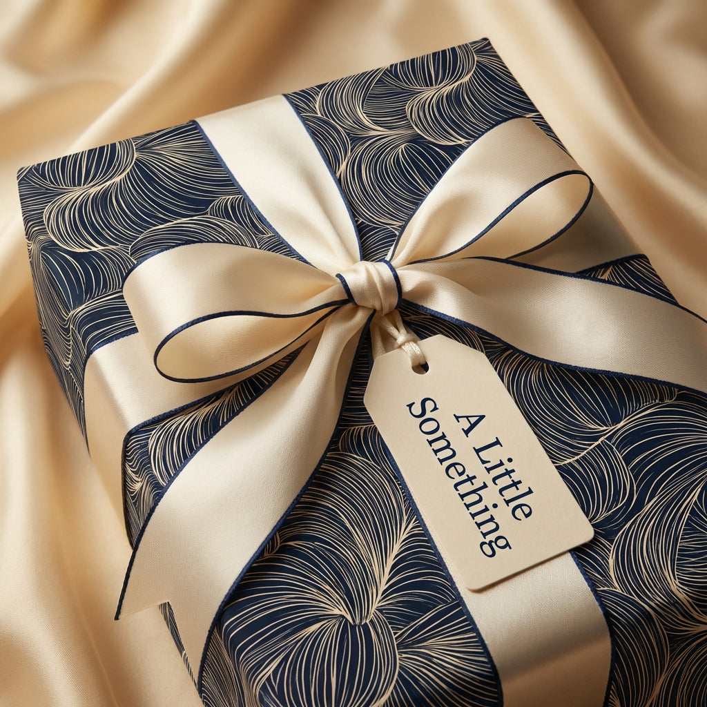 Elegant navy blue wrapping paper with gold swirl pattern and ivory ribbon from Wrapped Studios.
