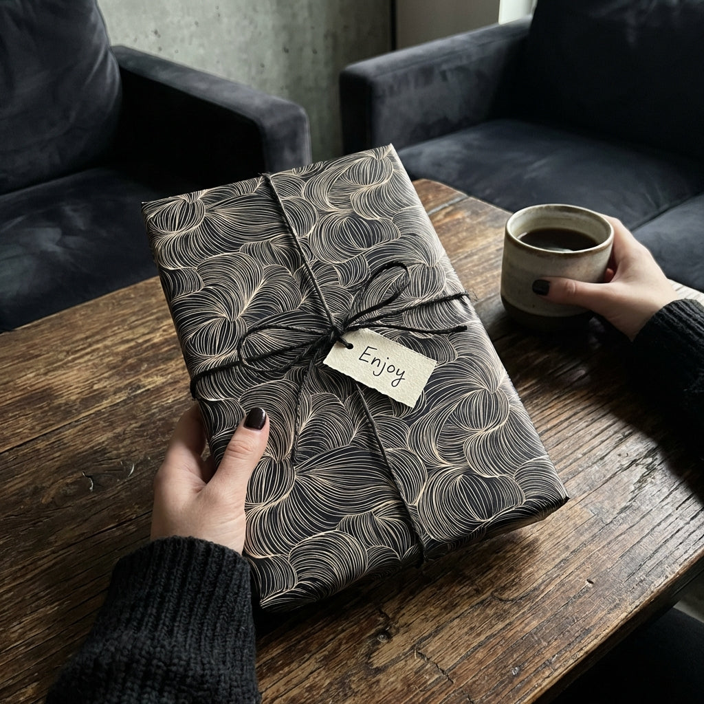 Hands holding gift in black and gold luxury wrapping paper with "Enjoy" tag, from Wrapped Studios.