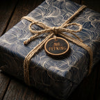 Navy gift wrap with elegant floral design, tied with rustic twine and a "No Peeking" tag.